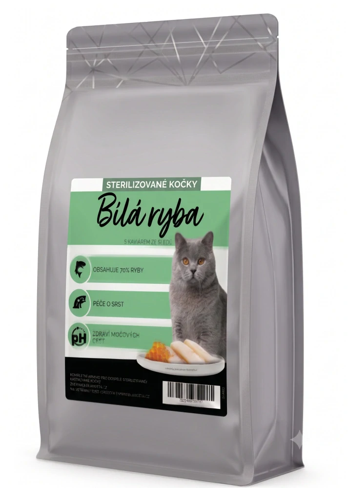 Blančeta - GRAIN FREE sterilizované kočky Bílá ryba s kaviárem ze sleďů 1,5kg