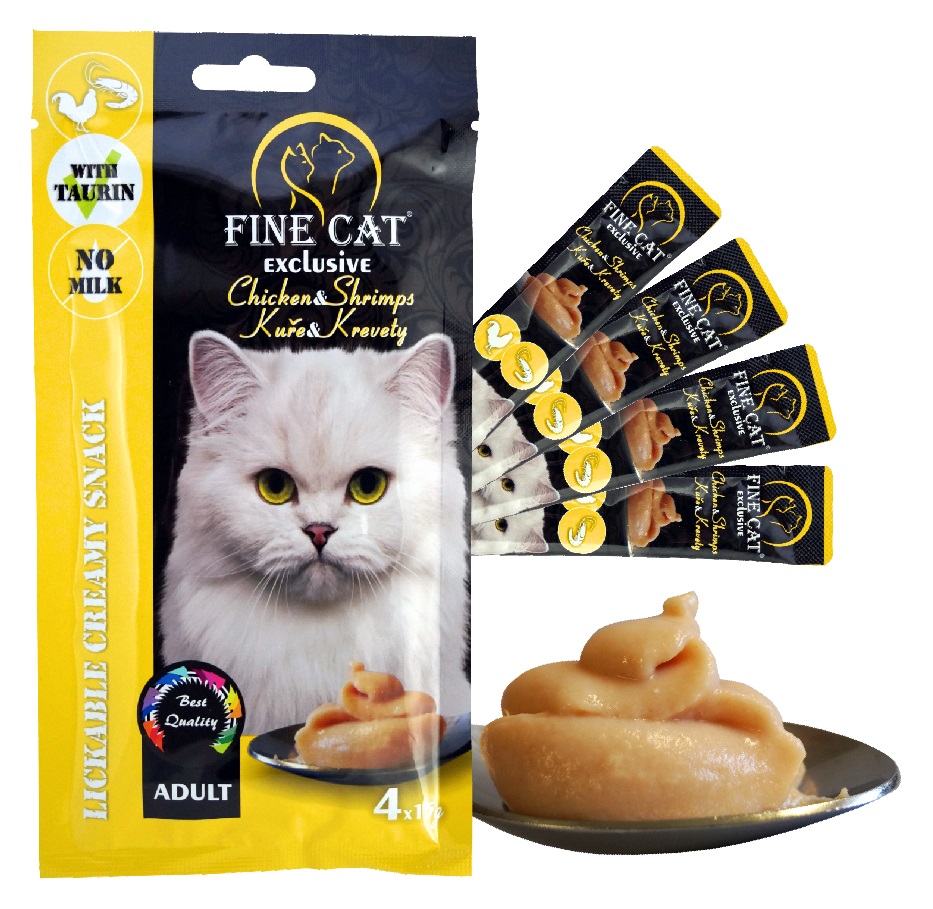 Fine Cat Exclusive Krémová svačinka pro kočky KUŘE & KREVETY 4x15g PRODEJNA